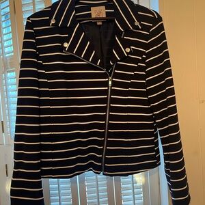 Roz and Ali Navy and White Striped Blazer with Silver Accents, Size Medium